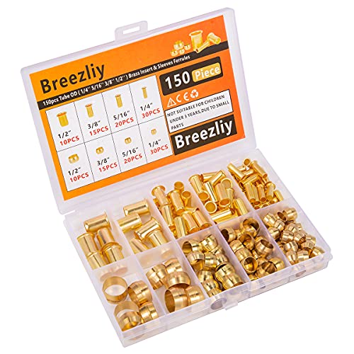 150PCS Tube OD（1/4" 5/16" 3/8" 1/2") Brass Compression Sleeves Ferrules & Insert,4 Sizes Brass Compression Fitting Assortment Kit - size: 150 pcs, 1/4", 5/16", 3/8", 1/2"