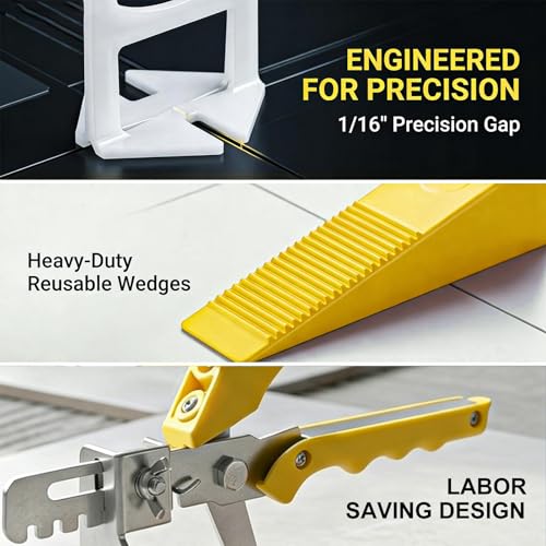 Tile Leveling System with Tile Pliers and Hammer, 600 Piece Tile Spacers 1/8 Inch Tile Clips and 200 Piece Reusable Wedges Tile Leveling Tools for Tiles and Stone Installation