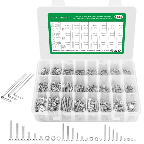 1440Pcs Screw Assortment Kit, M2 M3 M4 Stainless Steel Hex Flat Cap Bolts - size: SS M2 M3 M4 1440pcs 1