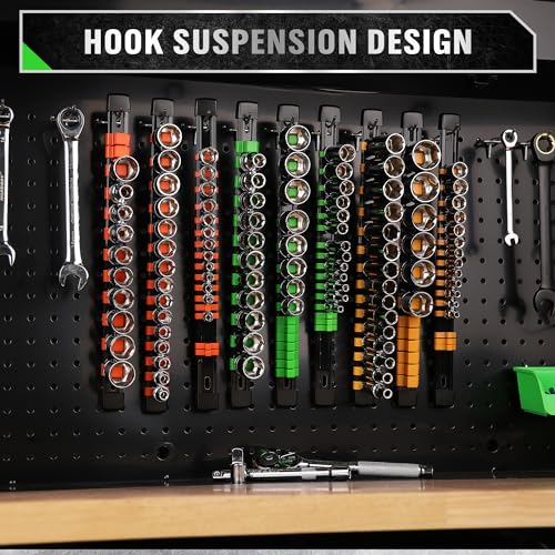 SWANLAKE Organizer Socket Holder, 9PCS 1/4-Inch x 48 Clips, 3/8-Inch x 45 Clips, 1/2-Inch x 36 Clips, Premium Quality Socket Clip Rail Holder - style: 9 PCS Green&Yellow&Orange
