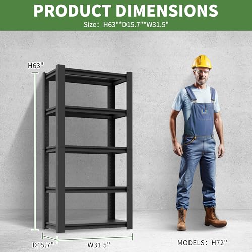 Garage Shelves, 63" H Garage Shelving Heavy Duty, 3000Lbs 5 Tier Adjustable Garage Storage Shelves Suitable for Warehouse, Basement, Workshop,Require Assembly, 15.75" D*31.5" W *63" H(Black) - color: Black, size: 15.75"D*31.5"W*62.99"H