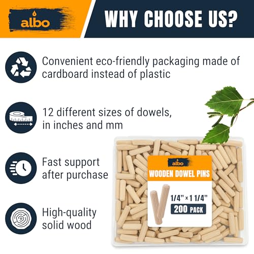 ALBO Wooden Dowel Pins 1/4 x 1-1/4 inch Fluted Wood Dowels Rods 200 Pack Hardwood Crafts Dowel Pegs - size: 1/4"- 200 Psc