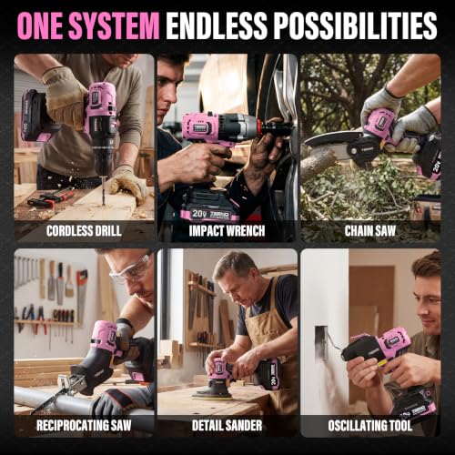 TEENO Brushless Power Tool Combo Kit, 6-in-1 Cordless Interchangeable Multi-Tool Set (Drill, Impact Wrench, Oscillating Tool, Reciprocating & Chain Saws, Sander), 3Ah Battery, USB Adapter & Hard Case - color: Pink