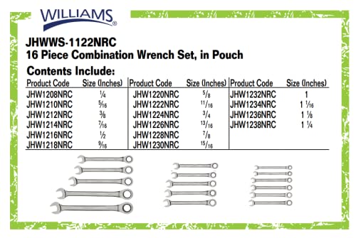 Williams WS-1122NRC Combo Ratcheting Wrench Set, 1/4-Inch - 1-1/4-Inch, 16-Piece - size: 1/4 - 1-1/4 Inch (16 Pieces)