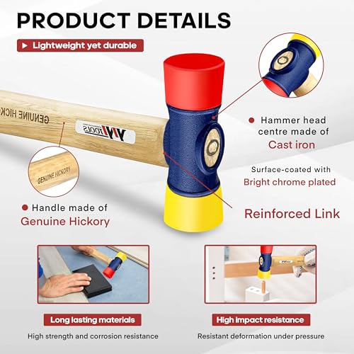 YIYITOOLS 12oz Double Faced Hammer, Double-Sided PU Mallet, High Carbon Steel Head, Hard Hickory Wood Handle, Flooring Installation,Rubber Mallet for Camping Woodworking,Tile Laying,Furniture Assembly
