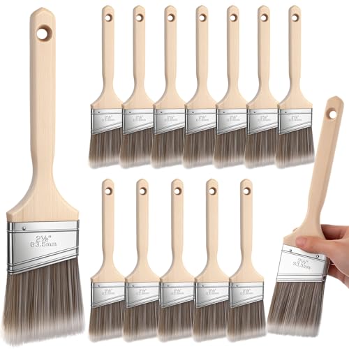 12 Pack Angle Sash Paint Brushes Treated Easy to Grip Wood Handle Synthetic Bristles Smooth Finishes Paint Brushes for Stain Wall Trim Painting Furniture (2.5 Inch) - size: 2.5 Inch