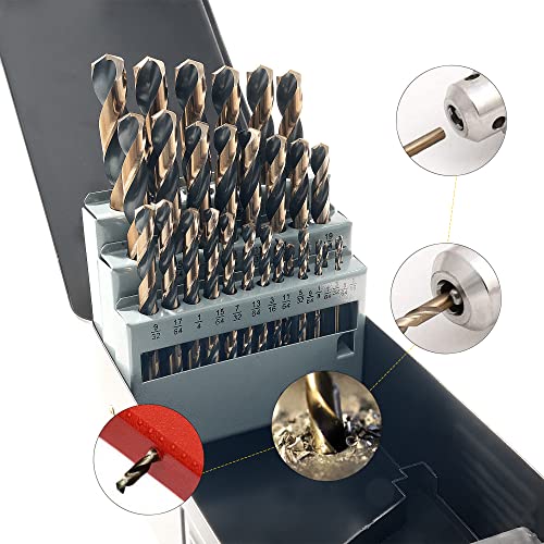 GMTOOLS 29Pcs Cobalt Drill Bit Set, 135 Degree Tip High Speed Steel with Black and Gold Finish, Stainless Steel, Plastic and Wood with Metal Indexed Storage Case 1/16"-1/2" - style: 29 pcs Black Gold