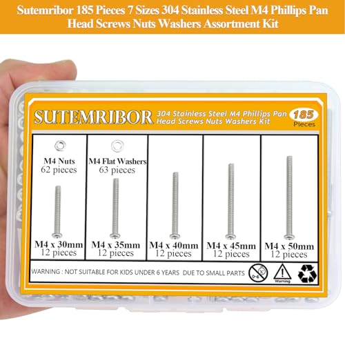 185 Pieces M4 x 30/35/40/45/50mm Machine Screws Nuts Washers Set, Sutemribor M4 Long Screws, M4 Phillips Pan Head Machine Screws Nuts Washers Assortment Kit, 304 Stainless Steel, Fully Threaded - size: M4 x 30-50mm, style: Phillips Pan Head