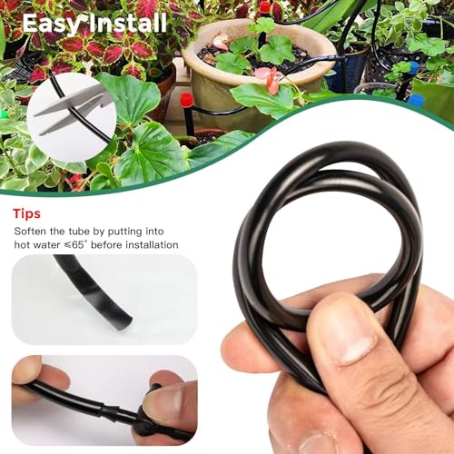 Maotong 100FT 1/4 inch Drip Irrigation Tubing Distribution Hose Tube for Garden Irrigation System (Includes 1 pack 6-Way Connector and 20pcs 1/4" Tee Splitters and End Plugs) - size: ‎100FT 1/4" Tubing