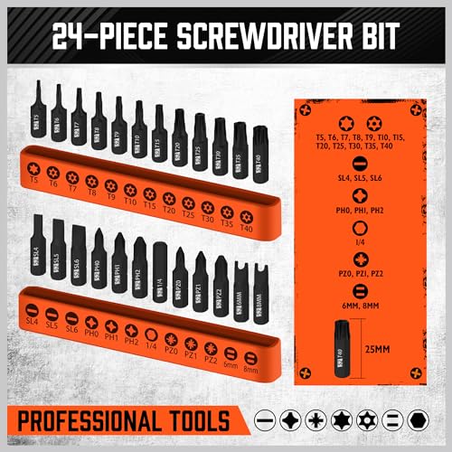 HORUSDY 25-Piece Security Torx Screwdriver Bit Set | T5-T40 Torx Bit Set 1/4 inch Ratcheting Magnetic Bit Driver | 12Pcs T-Drive Bits and 12Pcs Common Bit - style: Torx Bit Set