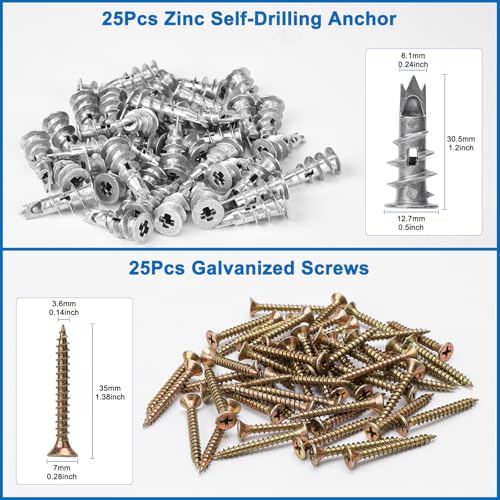 Zinc Self-Drilling Drywall Anchors with Screws Kit, 25 Heavy Duty Metal Wall Anchors and 25#8 x 1-1/4'' Screws - 50 Pieces All Together - size: 1size-25pcs