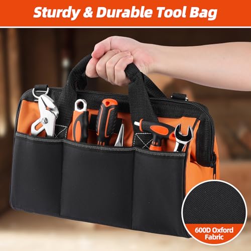 Tool Bag 14'', Thick Outer Pocket Tool Organizer Waterproof, Heavy Duty Tote with Shoulder Strap for Tool Storage, Black & Orange - size: 14 inch