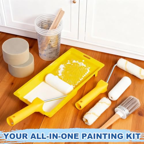 LemonRoad 18 Pieces Paint Brush and Roller Set, Painting Supplies for Cabinet Furniture, with Sponge, Tray Liner, Cup and Mixing Stick, Tools to Finish All in One Paint(4 Inch,Combo Brush Set) - size: 4 Inch, style: Combo Brush Set