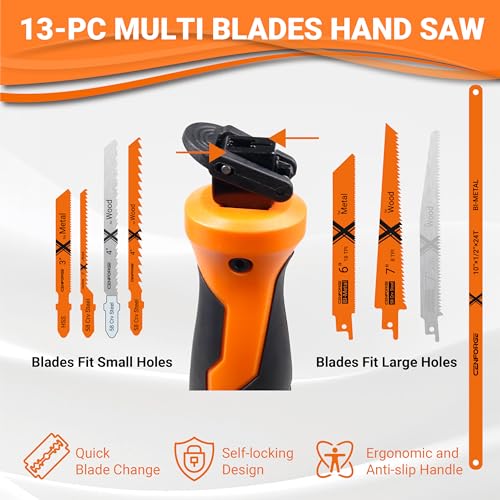 13-Piece Multi-Purpose Hand Saw Set - Manual Reciprocating Saw Handle with 12 Assorted Blades - Portable Jab Saw Kit for Wood, Metal, Drywall, Plastic & Pruning - Includes Storage Pouch