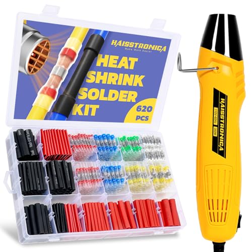 haisstronica 620PCS Wire Repair Kit, Solder Seals, 3:1 Tubing, Heat Gun | Low-Melt Solder Rings, 2 Heat Settings, Adhesive Lining, 6 Tubing Sizes, 2 Heat Settings, Trailer Wiring - size: 620 PCS