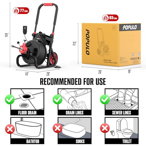 POPULO Drain Cleaner Machine 100Ft x 3/8 Inch, Root Killer, Auto feed Sewer Snake Auger on Wheels, Electric Drain Auger Professional for 1.5 to 3 Inch Pipes & Foot Switch with 8 Cutters - style: 100ft x 3/8inch