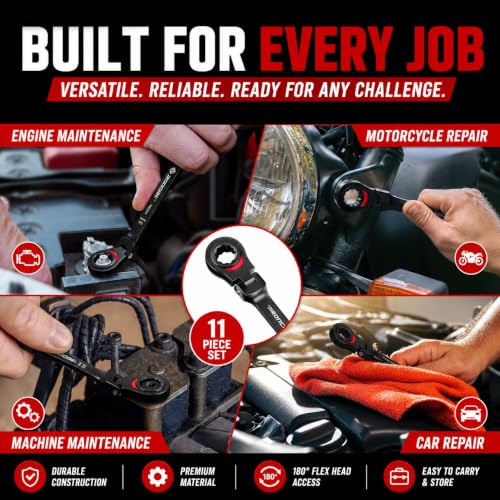ironcube Black Ratcheting Combination Wrench Set: 11-Piece SAE 1/4–3/4 Inch – 180° Flex Head & 72-Tooth – CR-V Steel – Retro Waxed Canvas Roll for Motorcycle & Automotive Repair Tools - size: 11-Piece SAE Flex-Head