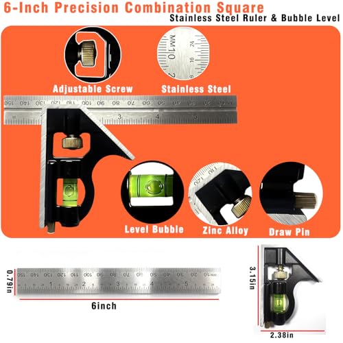 Combination Square, 6-Inch Precision Combo Square with Stainless Steel Ruler, Zinc Alloy Body & Bubble Level – Multi-Function Measuring Tool for Woodworking, Carpentry, and DIY Projects