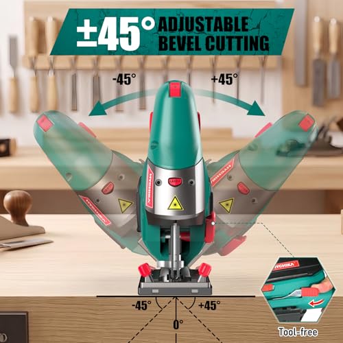 HYCHIKA 6.7A 800W Corded Jig Saw, Jigsaw Tool Power Jig Saws,6‑Speed Up to 3000 SPM, 4 Orbital Settings, Laser Guide, ±45° Bevel Cutting, Tool‑Free Blade Change, 6 Blades for Wood Metal Plastic