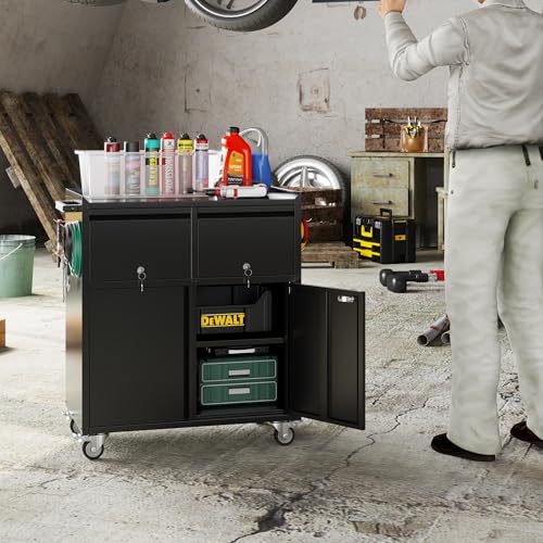 Aobabo Rolling Metal Garage Cabinet with 2 Drawers, Lock and Pegboard - color: Black, size: 18.11"D x 30.31"W x 35.43"H-2 Drawers