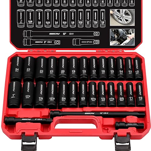 29-Piece 1/2" Drive Impact Socket Set, SAE (3/8 to 1 inch) and Metric (10-24mm) Sizes with Extension Bars Standard Deep Socket Set CR-V Material High Durability Impact Wrench - style: 1/2" | 29-Piece Standard & Deep