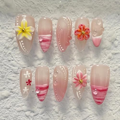 Handmade 3D French Art Press On Nails for Women - Reusable Medium Almond False Nails, 10PCS ABS Artificial Fingernails with Nail Tip Design for Salon & Home Use Size L - color: Bear, size: L