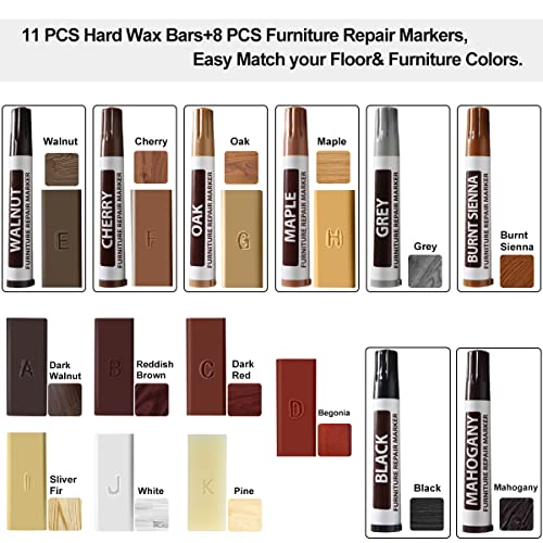 Laminate Vinyl Floor Repair Kit with Heat Pen, 11 Colors Hardwood Floor Wax Wood Furniture Touch up Marker Linoleum Lvp Repair Kit Covers Scratches, Stains, Cracks, Holes for Floor, Door, Cabinet