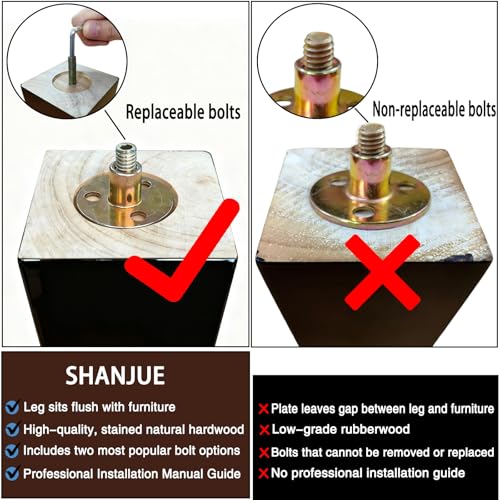 SHANJUE 5 Inch Black Couch Legs - Square Wood Sofa Legs for Furniture, 4PC - size: 5 inch