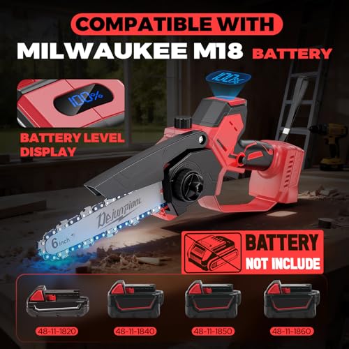 Mini Chainsaw Cordless Compatible with Milwaukee M18 18V Battery (NO Battery), 6 Inch & 8 Inch Small Electric Chainsaw Brushless, 2x 6'' Chains + 2x 8'' Chains, Auto Oiler, Handheld Pruning Chain Saw - color: Red-black