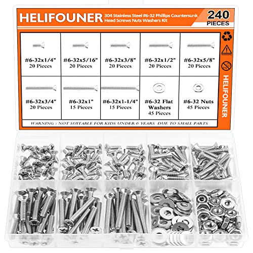 HELIFOUNER 240 Pieces #6-32 Phillips Countersunk Head Machine Screws Nuts Washers Assortment Kit, Coarse Thread, Fully Machine Threaded, 304 Stainless Steel - size: #6-32