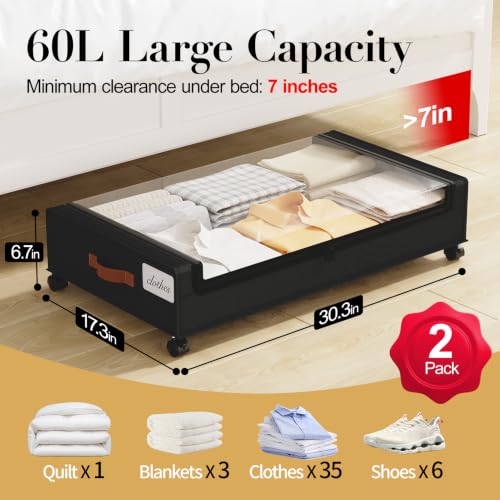 Yecaye 60L Under Bed Storage with Wheels, 2 Pack, Black - color: Black, size: 2 Pack