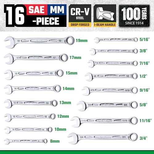 SK Combination Wrench Set, SAE & Metric, 16-Piece, Premium CR-V Steel