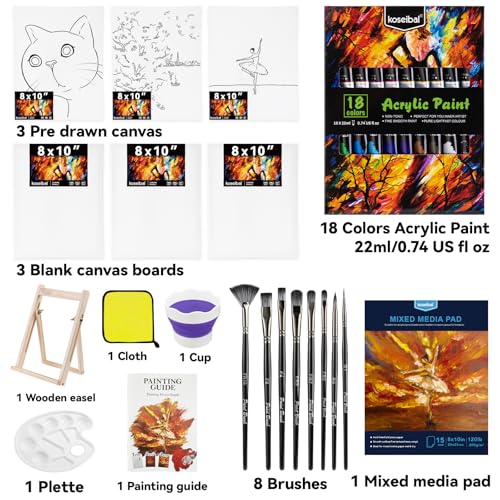 koseibal Kids Acrylic Paint Set with Canvas, Art Supplies Kits for Adults - color: 18x22ml+Easel-S