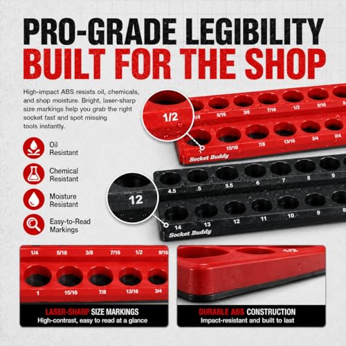 Socket Buddy Magnetic Socket Organizer Set, 6PCS Socket Holder,1/8" to 1-1/4" Sockets Holds 143 Pieces Magnetic Sockets Trays (Black&red)