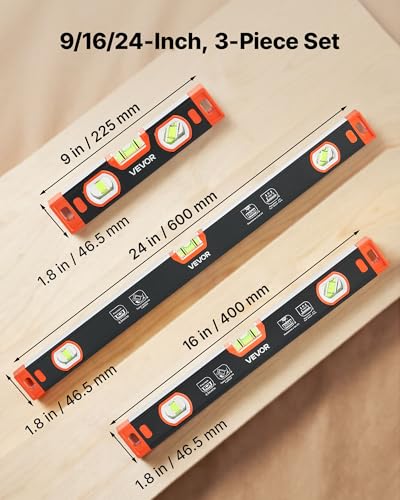 VEVOR Torpedo Level, 3-Piece Included 9/16/24 in, Magnetic Leveler Tool Set Aluminum Alloy, with Clear 3 Green Vials, V-Groove, Hanging Hole, Multi-angle Measurement for Construction Home Renovation - size: 9/16/24 inch set