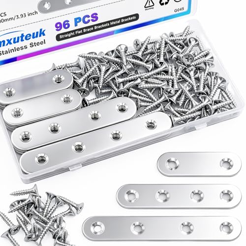 mxuteuk 96PCS Stainless Steel Straight Flat Brackets,Metal Bracket,Mending Plate,Metal Brackets for Wood (50mm/80mm/100mm) - color: Silver-50/80/100mm