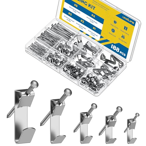 Uniclife 188 Pcs Picture Hanging Kit, 10 lb, 20 lb, 30 lb, 50 lb, 100 lb Heavy Duty Picture Hangers for Drywall & Wood, Picture Hanging Hooks, Frame Hooks for Hanging Photos Mirrors Paintings Silver - size: 188 Pcs, style: Silver