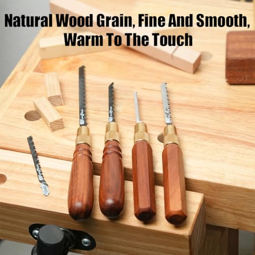 TOOLCOOL Wooden Handle Mini Hand Saw Small Jig Saw With 5 Pcs Fine Coarse Teeth Jigsaw Blades Woodworking Tools for Wood Cutting and Tree Branch Trimming (Round Handle)