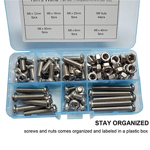 M6-1.0 x 8mm,12mm,16mm,20mm,30mm,40mm Pan Head Phillips Machine Screws,18-8 Stainless Steel Bolts Nuts Washers Screws Assortment Set of 84 Pcs (M6 Pan Head Phillips Screws) - size: M6 Pan Head Phillips Screws