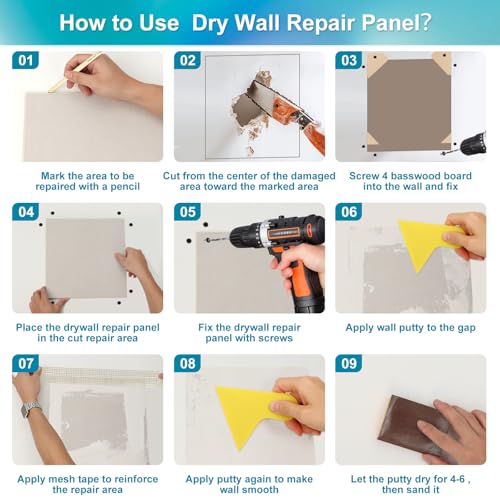 37 Pcs Drywall Repair Kit with 12"x12" Dry Wall Panel, Dry wall Patch Kit Sheetrock Repair Kit with Spackle, Mesh Tape, Putty Knives & Sanding Block for Sheet Rock Wall Surface Ceiling Large Hole Fill - style: 2 Bottle Wall Repair Agent