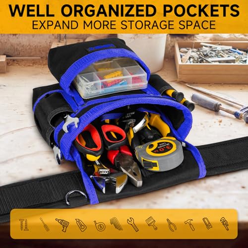 Tool Belt with 4 D-Rings,27-Pockets Tool Belts for Men,Construction - color: Blue & Black, size: 27 Pockets with Magnet Pouch