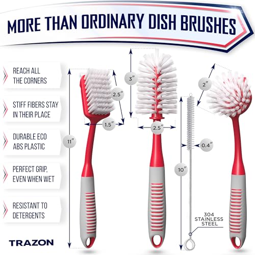 Dish Brush Set of 4 - Kitchen Scrub Brushes with Non-Slip Long Handle for Cleaning, Scrubber, Dishwashing, Dishes, Bottles, Straws, Cups, Pots & Sink, Red - color: Red