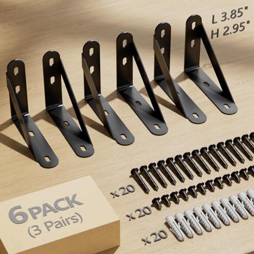 4x3 Shelf Brackets 6 Pack Wall Mount Includes Screws Anchors (Black) - color: Black, size: 4"x3" (6 PACK)