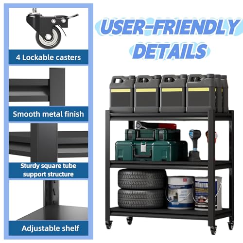 330LBS Workbench on Wheels, 3-Tier Metal Garage Storage Shelves, Adjustable Heavy Duty Rolling Utility Cart for Warehouse Workshop Basement Pantry Kitchen, 31.5"x15.8"x31.5",Black