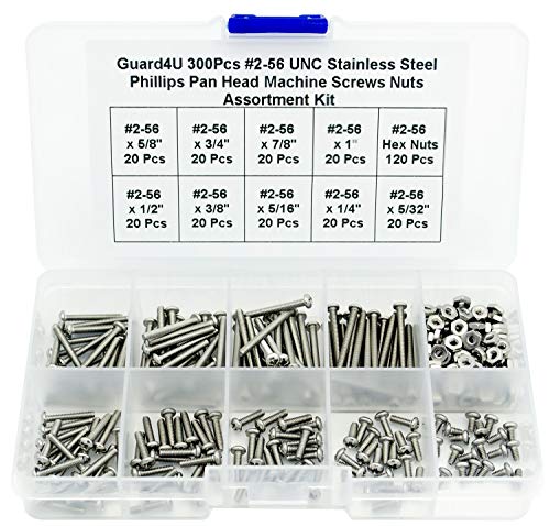 300Pcs #2-56 UNC Stainless Steel Phillips Pan Head Machine Screws Nuts Assortment Kit- #2-56x 5/32" 1/4" 5/16" 3/8" 1/2" 5/8" 3/4" 7/8" 1" - size: #2-56