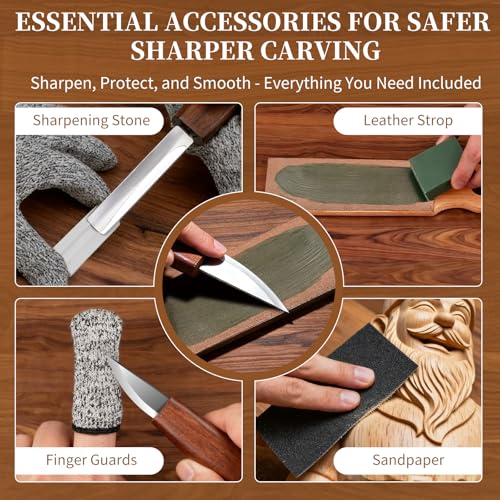 YOYUPETA Wood Carving Kit, 32-Piece Professional Whittling & Carving Tool Set with Walnut Handle Knives, Detail Gouges, Sharpening Stone, Strop, Basswood Blanks and Gloves for Adult Hobbyists & Craft - color: 32-Piece Wood Carving Tools