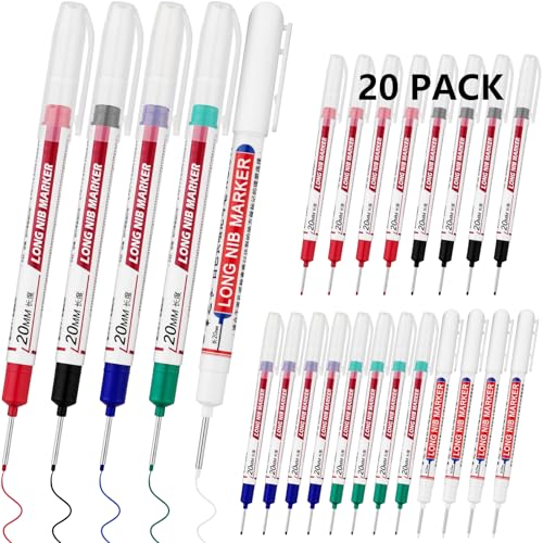 20 PCS Long Head Deep Hole Marker Pens,20mm Long Nib Marker, Longs Nose Markers, Waterproof Construction Markers Marking Tool,Permanent Markers Carpenter Ink marker Pens,Metal marking Pens - color: 20PCS-20MM-Red/Blue/Green/Black/White