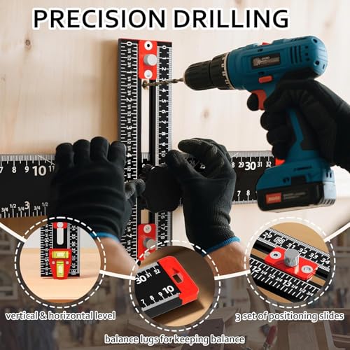 4-in-1 Drilling Positioning Jig, 35cm/14inch Multifunctional T Square Adjustable Angle Ruler, Cabinet Hardware Jig, Making Guage Tools for Woodworking Cabinet Drawer Door Hole Punching
