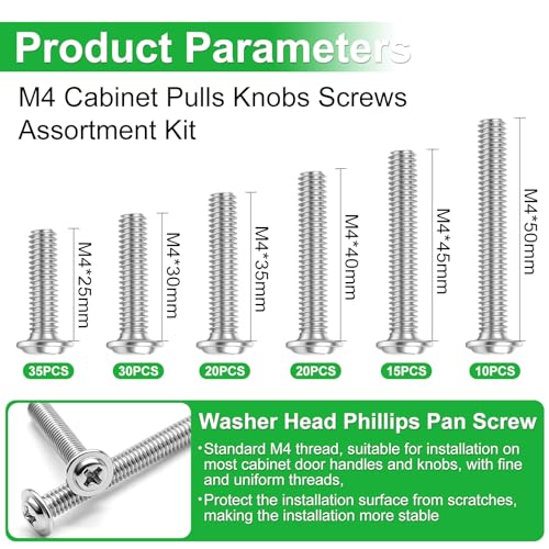 Twidec/130PCS M4 Cabinet Pulls Knobs Screws Assortment Kit,25/30/35/40/45/50mm Metal Phillips Machine Screw Pan Washer Head for Cabinet Drawer Closet Handle Install - size: M4 Assorted Sizes, style: Pan Head With Washers