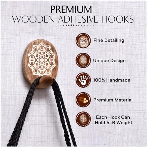 Indian Shelf 6 Wooden Adhesive Wall Hooks for Keys, Bags, Hats - color: Brown Style 3